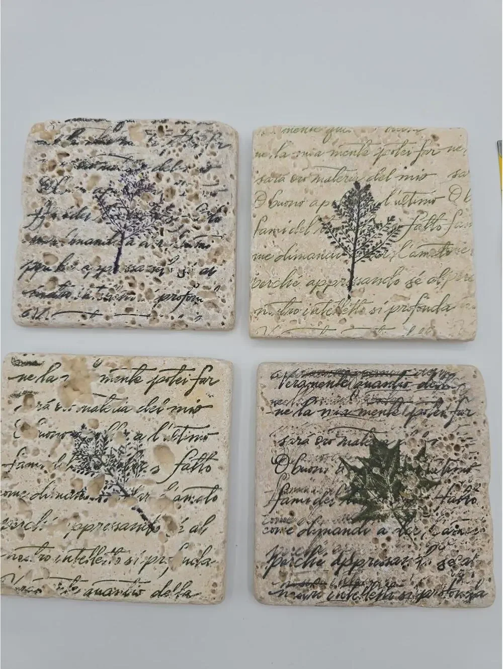 Vintage Style Botanical Travertine Tile Coaster Set 4 Handmade Cottagecore Decor